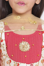 Little Bansi Floral Embroidery Jacket With Cotton Kantha Frock Sharara And Dupatta With Ghungroo Handwork - Red | Grocsy