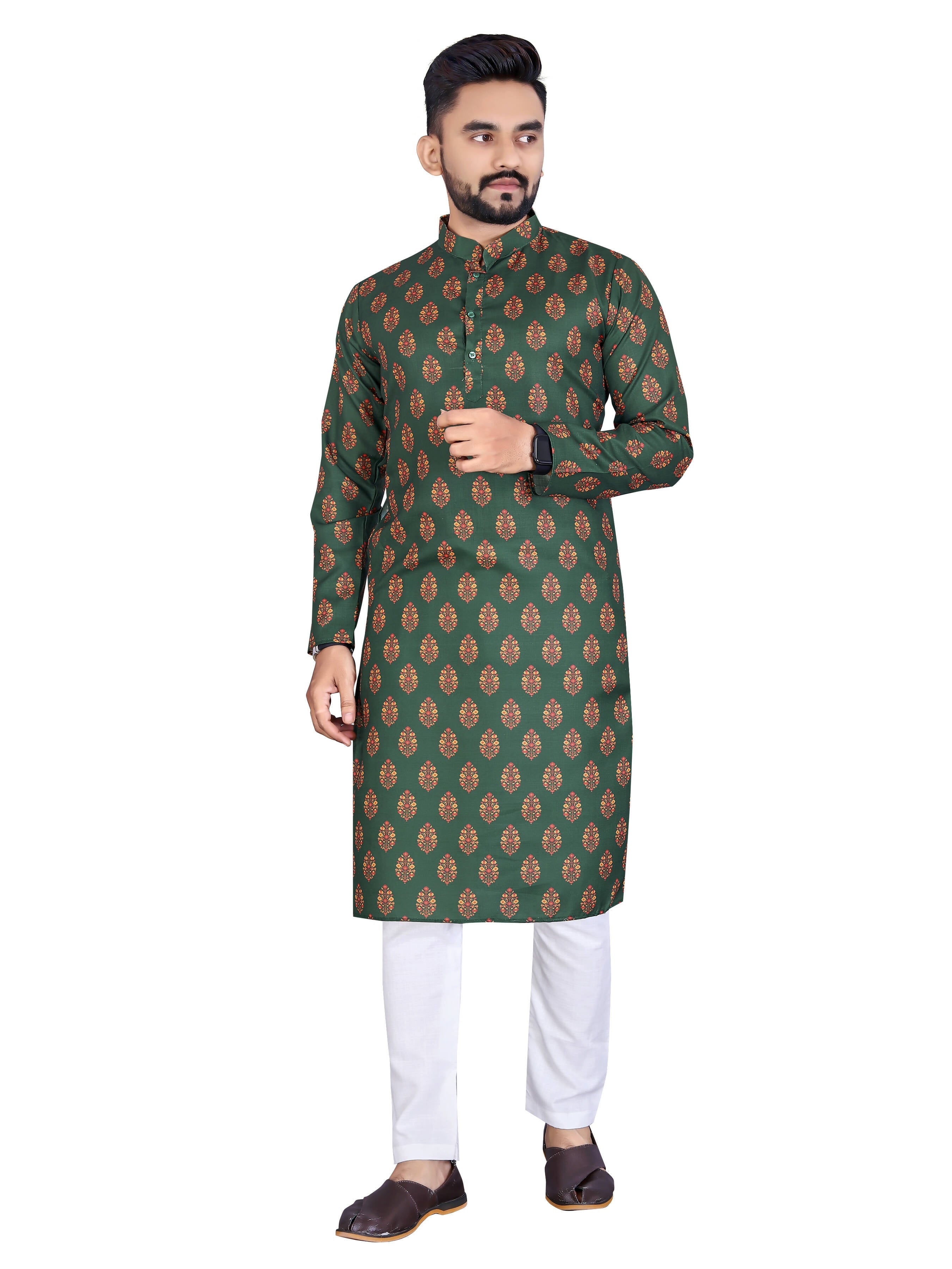 Mens Green Cotton Printed Kurta - Mahotsav | Grocsy
