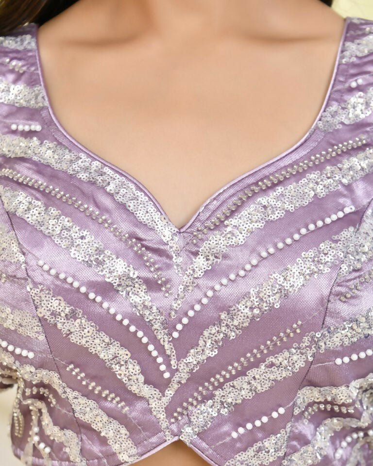 Amodini Designer Studio Heavy Work Lavendar Pearl Sleeveless Padded Blouse | Grocsy