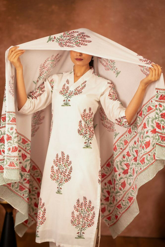 Joban Fashion Off White Pink Hand Block Printed Cotton Suit Set | Grocsy