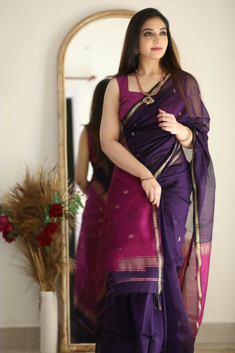 DEIANA'S Beautiful Designer Golden zari Soft Cotton Saree - Purple | Grocsy