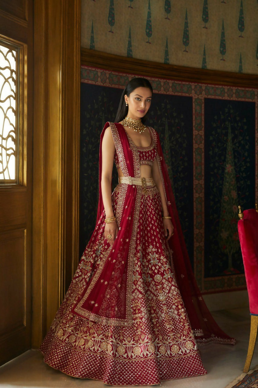 Jyoti Fashion Gorgeous Maroon Taffeta Satin Silk Sequins with Zari Thread & Coding Dori Embroidery Lehenga Choli with Dupatta | Grocsy