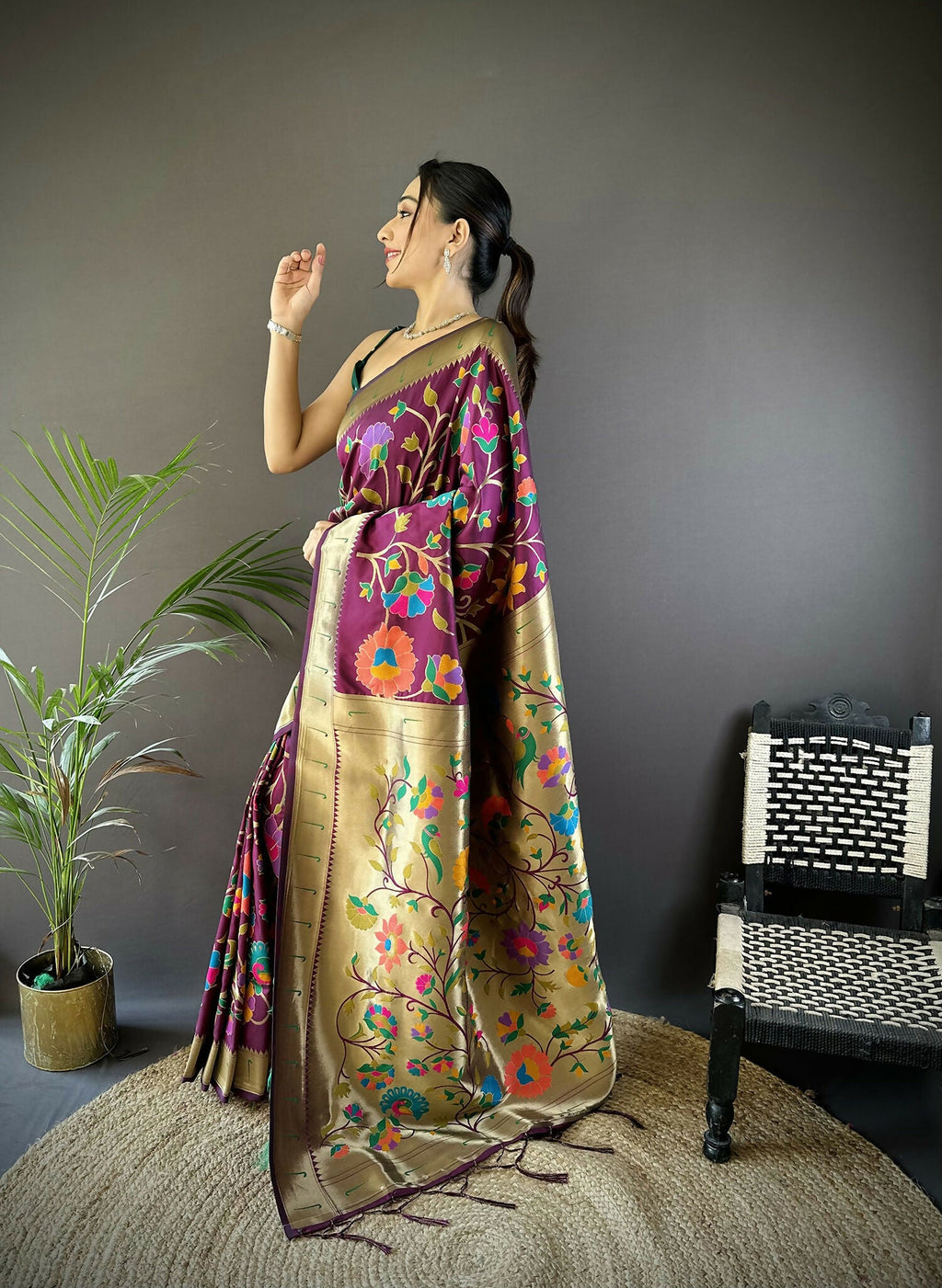 Joban Fashion Wine Zari Woven Floral Motifs Soft Silk Paithani Silk Saree | Grocsy