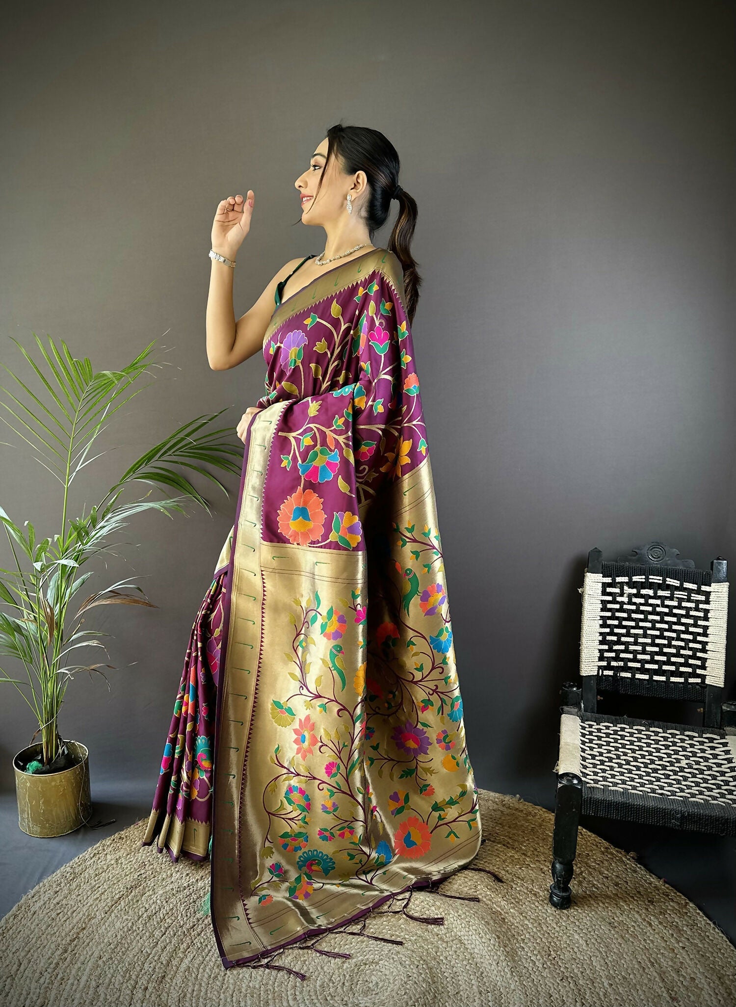 Joban Fashion Wine Zari Woven Floral Motifs Soft Silk Paithani Silk Saree | Grocsy