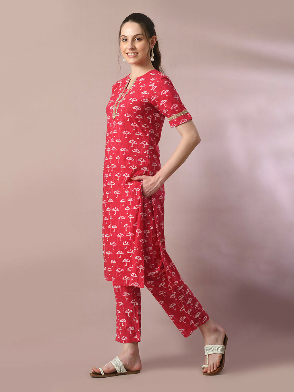 Myshka Women's Pink Printed Cotton Straight Party Kurta Set | Grocsy