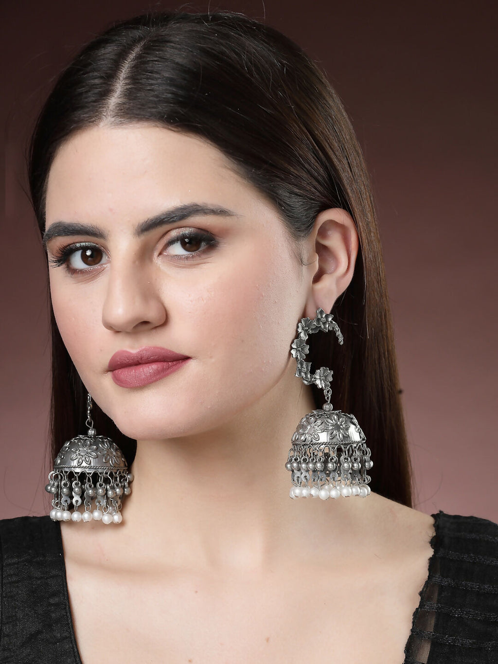 NVR Women's Silver Plated Pearl Beaded Oxidised Contemporary Jhumka Earrings | Grocsy