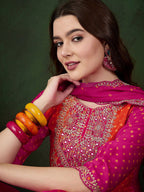 Sangria Floral Printed Zari & Sequinned Straight Kurta & Palazzo With Dupatta | Grocsy