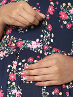 Manet Three Fourth Maternity Dress Floral Print With Concealed Zipper Nursing Access - Navy Blue | Grocsy