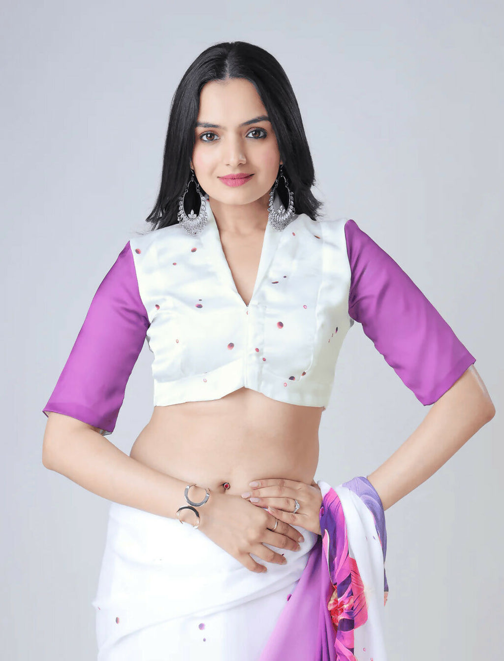 Vastranavya Purple & White Ready to Wear Floral Print Free Hand Saree | Grocsy