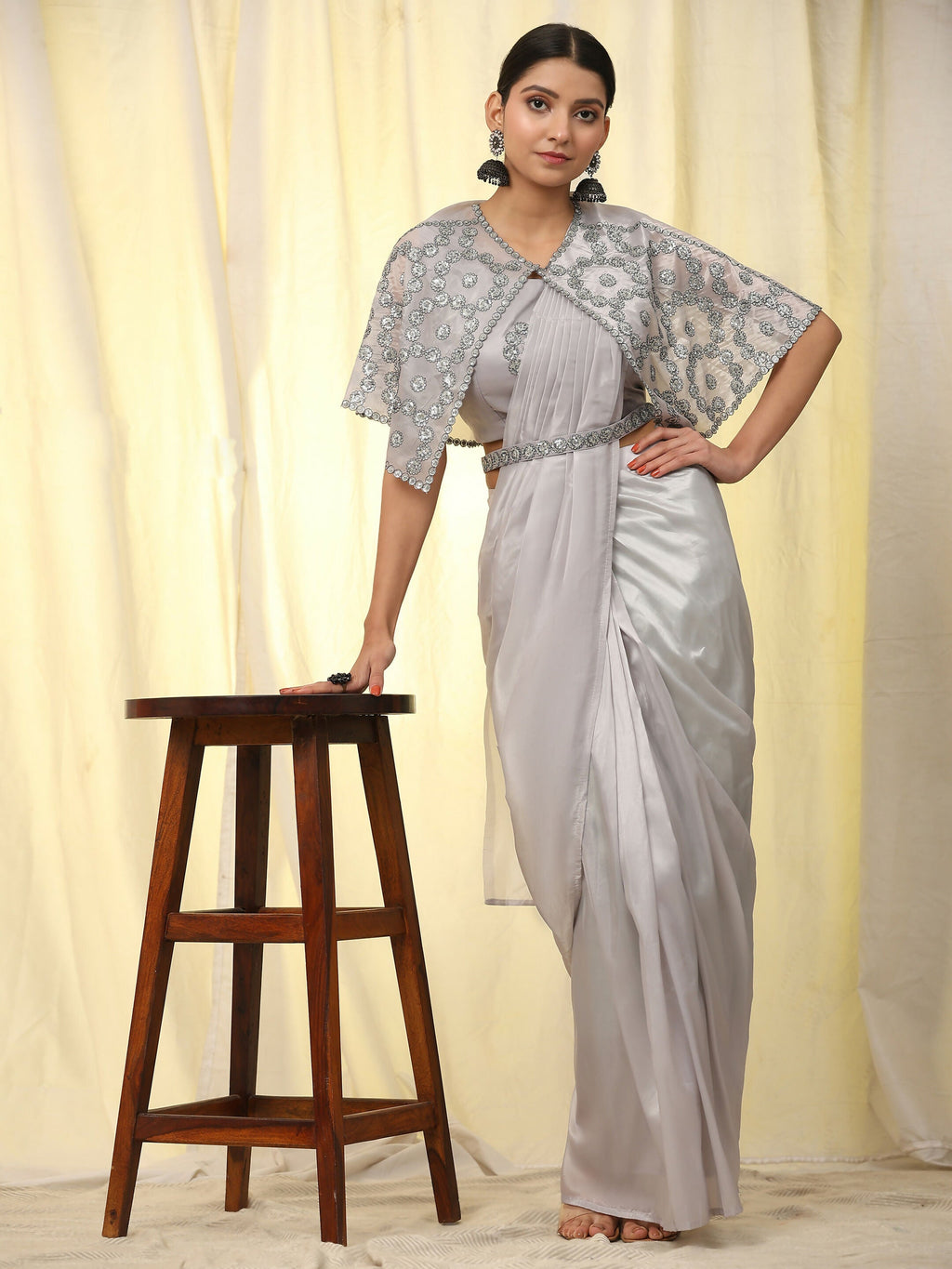 Grey Satin Solid Ready to wear Saree with stitched Blouse - Vanita | Grocsy