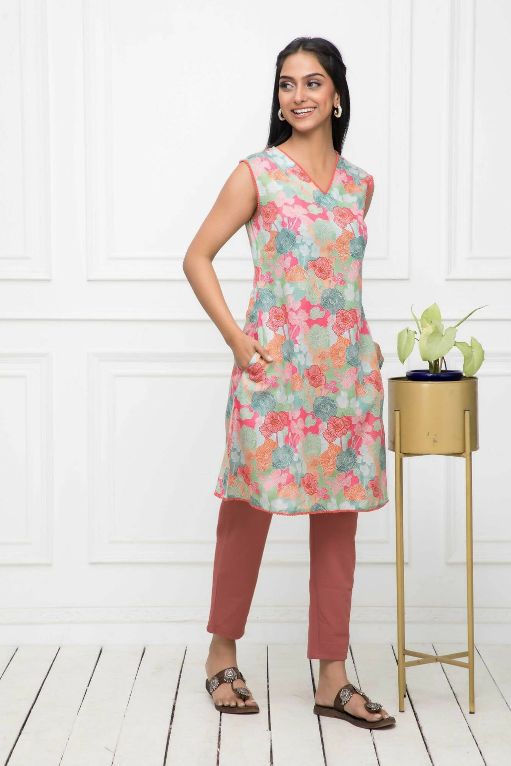 Myshka Women Multi Floral Rayon A-Line V-Neck Kurtis | Grocsy