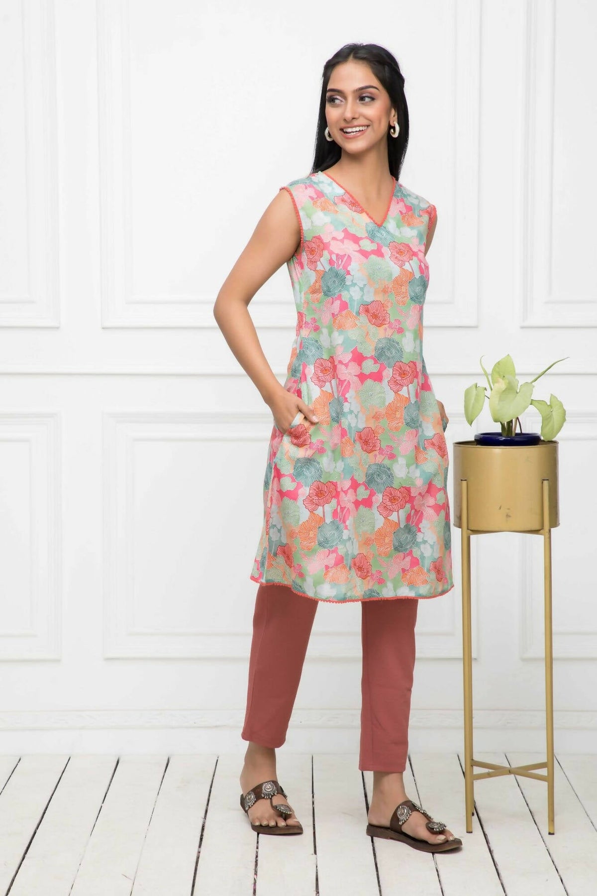 Myshka Women Multi Floral Rayon A-Line V-Neck Kurtis | Grocsy