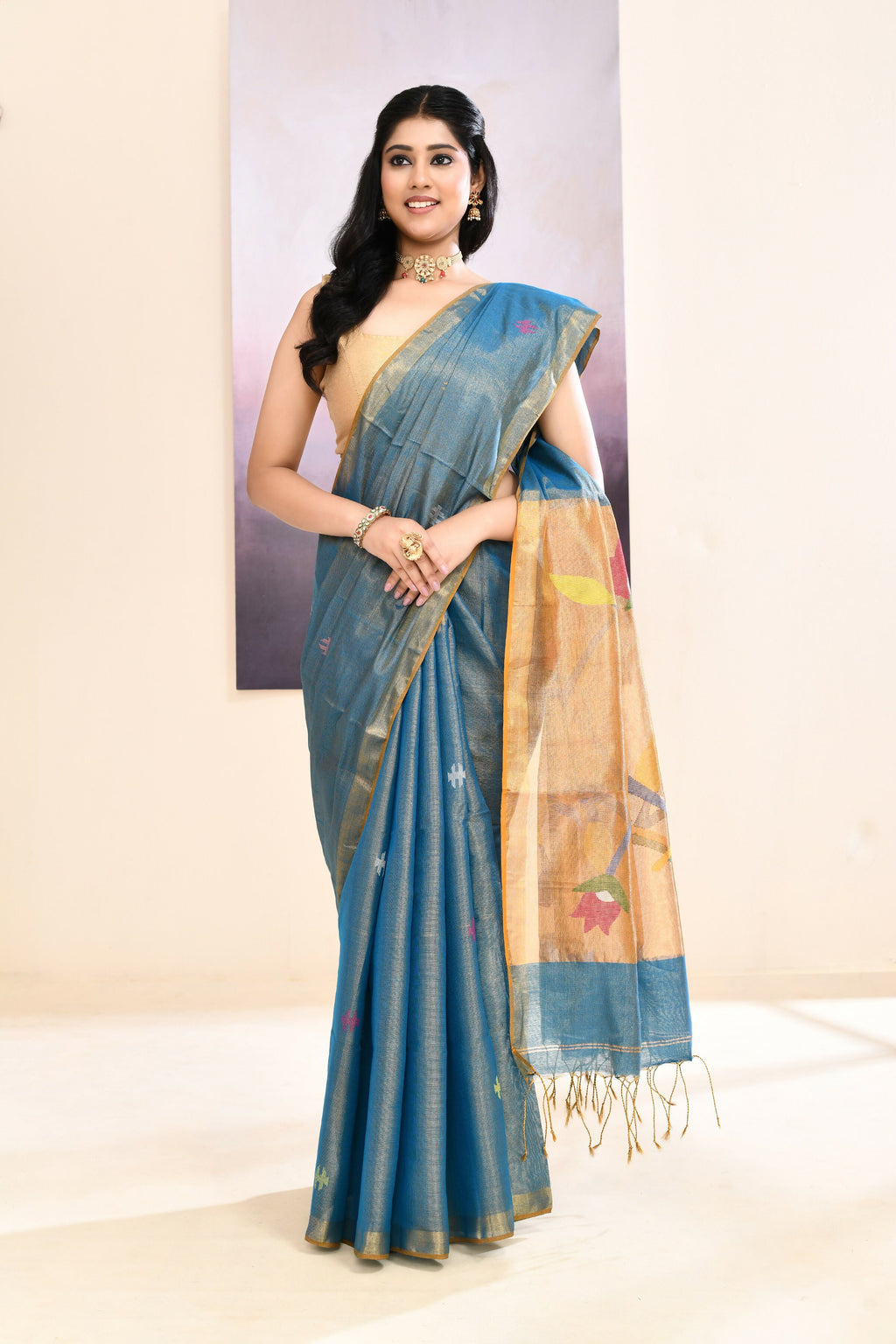 Piyari Fashion Women's Sky Blue Embellished Tissue Jamdani Saree | Grocsy