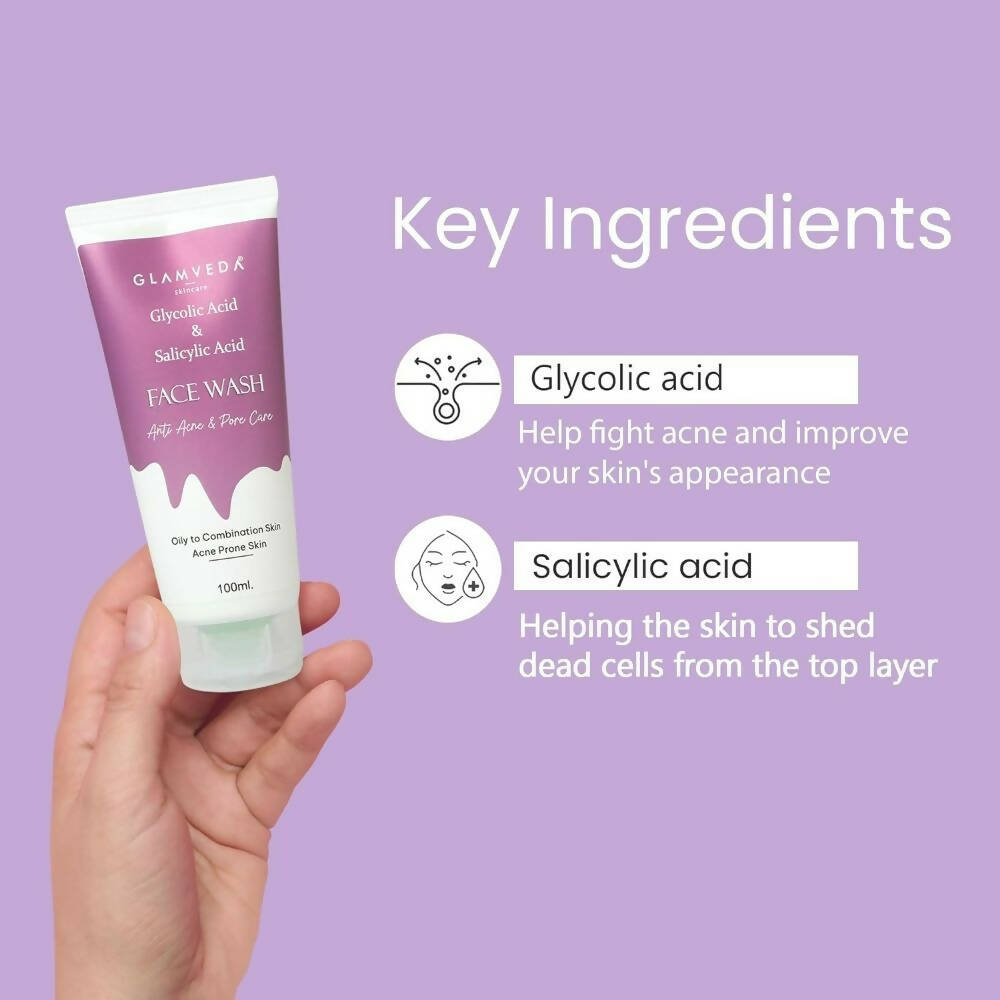 Glamveda Glycolic Acid & Salicylic Acid Anti Acne Face Wash | Grocsy