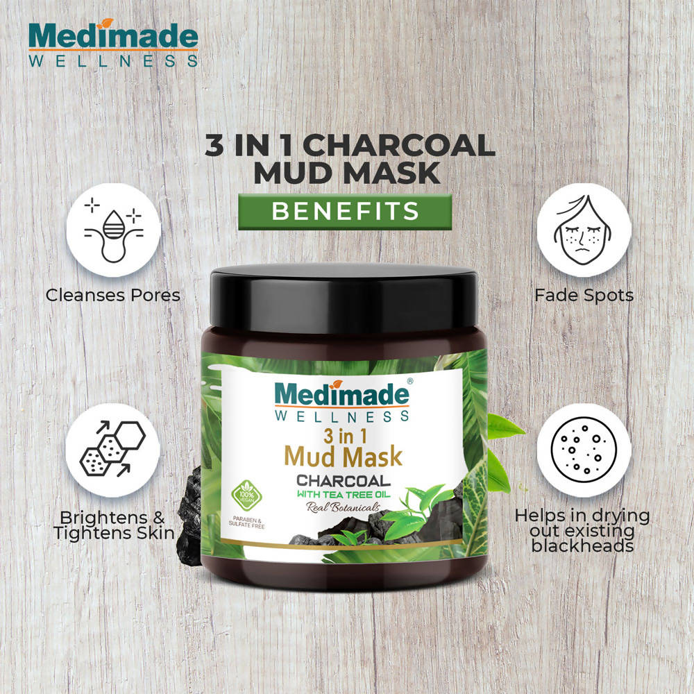 Medimade Wellness 3 in 1 Mud Mask Charcoal with Tea Tree Oil | Grocsy