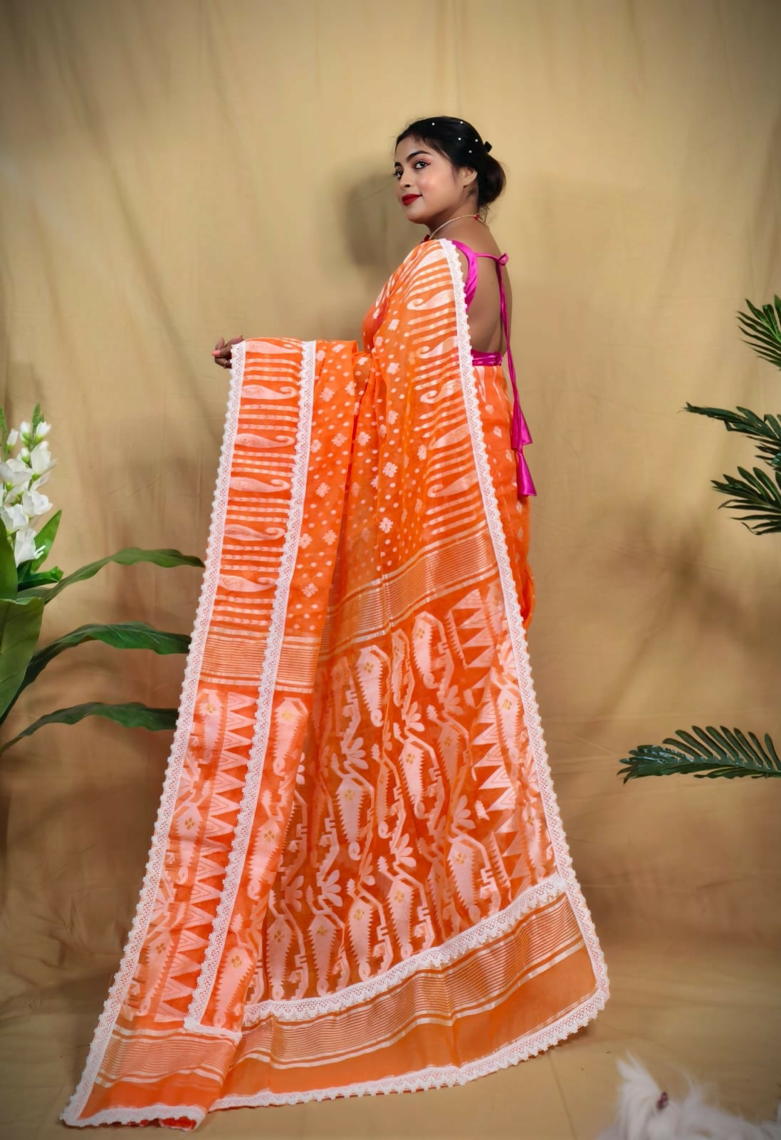 Exclusive Collection Beautiful Orange Jaal Jamdani Saree | Grocsy