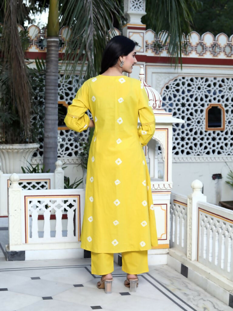 Miravan Women's Cotton Embroidered & Lace Embellished Yellow Bandhani Printed Kurta Palazzo Set | Grocsy
