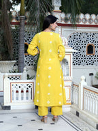 Miravan Women's Cotton Embroidered & Lace Embellished Yellow Bandhani Printed Kurta Palazzo Set | Grocsy