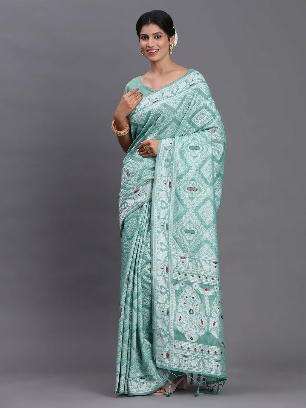 Shree Shyam Fashion Linen Cotton Sea Green Saree | Grocsy