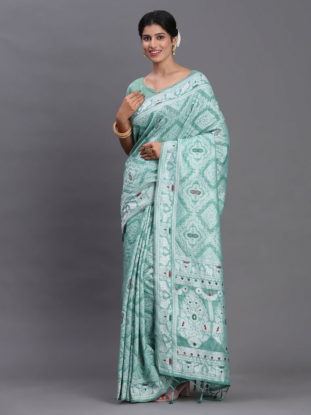 Shree Shyam Fashion Linen Cotton Sea Green Saree | Grocsy