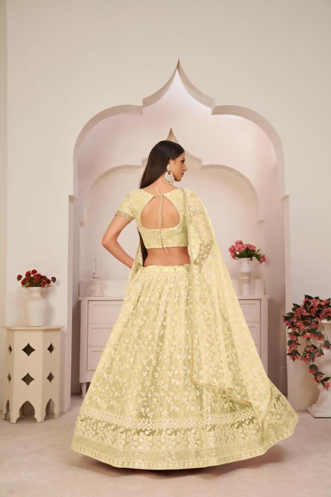 Aastha Fashion Lemon Yellow Butterfly Net White Cotton Thread Work, Zari Work And Sandwich Sequence Work Embroidery Wedding Wear Lehenga Choli | Grocsy