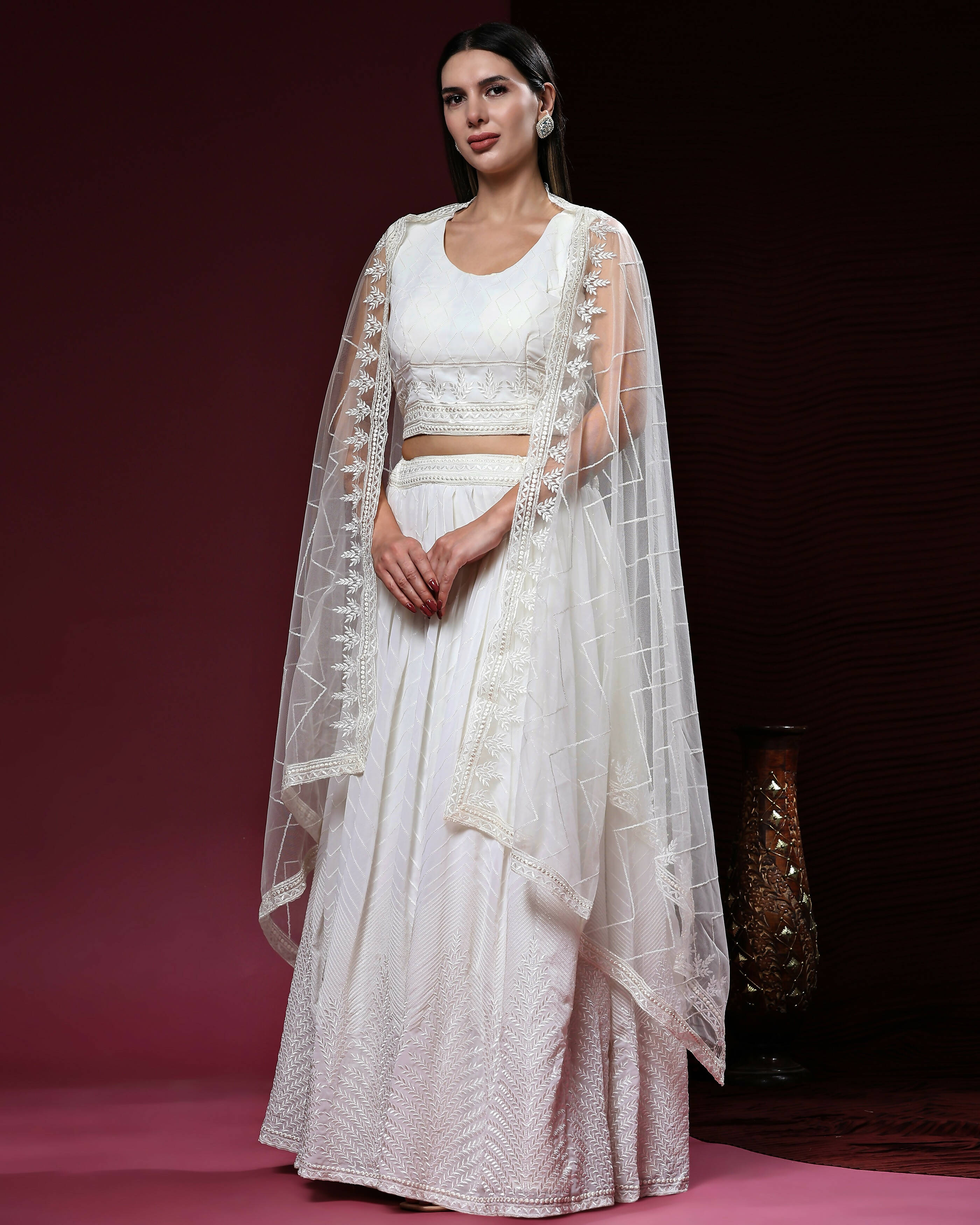 White Pure Viscose Georgette Sequence Embroidery work Lehenga Choli with Dupatta - Aakriti | Grocsy