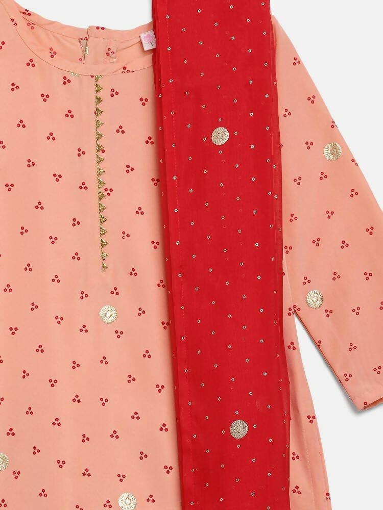 Ahalyaa Peach Crepe Gold Printed Kids Kurta Sets With Dupatta For Girls | Grocsy