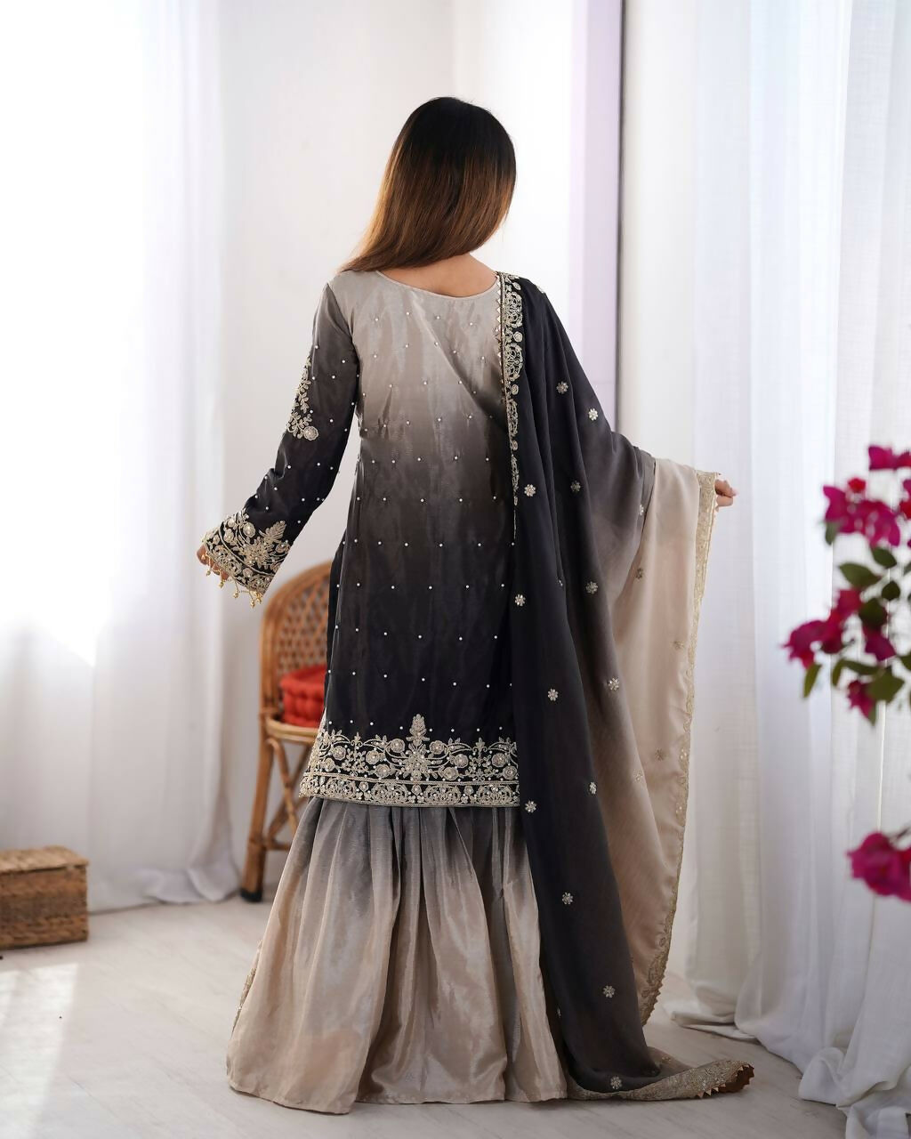 The52 Women's Beautiful Chinon silk Fabric Embroidery Work Straight Kurta Palazzo and Dupatta Set | Grocsy