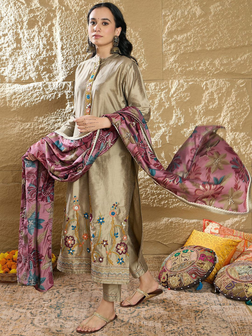 Indo Era Women Floral Embroidered Regular Thread Work Kurta with Trousers & Dupatta | Grocsy