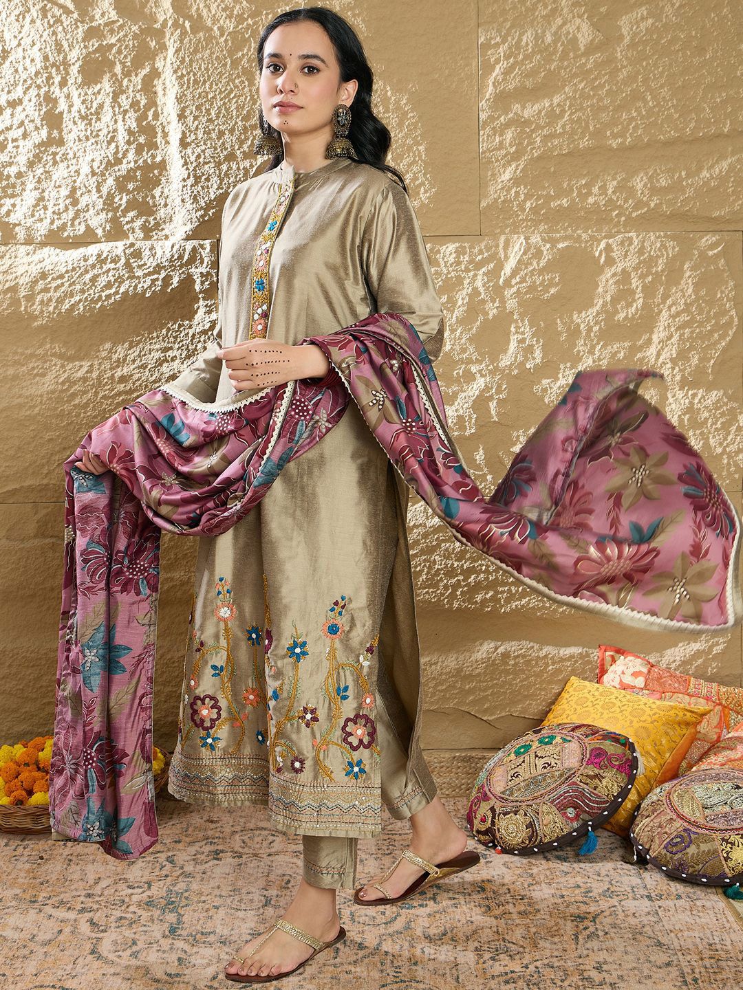Indo Era Women Floral Embroidered Regular Thread Work Kurta with Trousers & Dupatta | Grocsy
