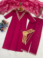Teeya Creation New Womens Rani Pink Straight Cut Kurta Set with Scalloped Embroidered Organza Dupatta Set | Grocsy