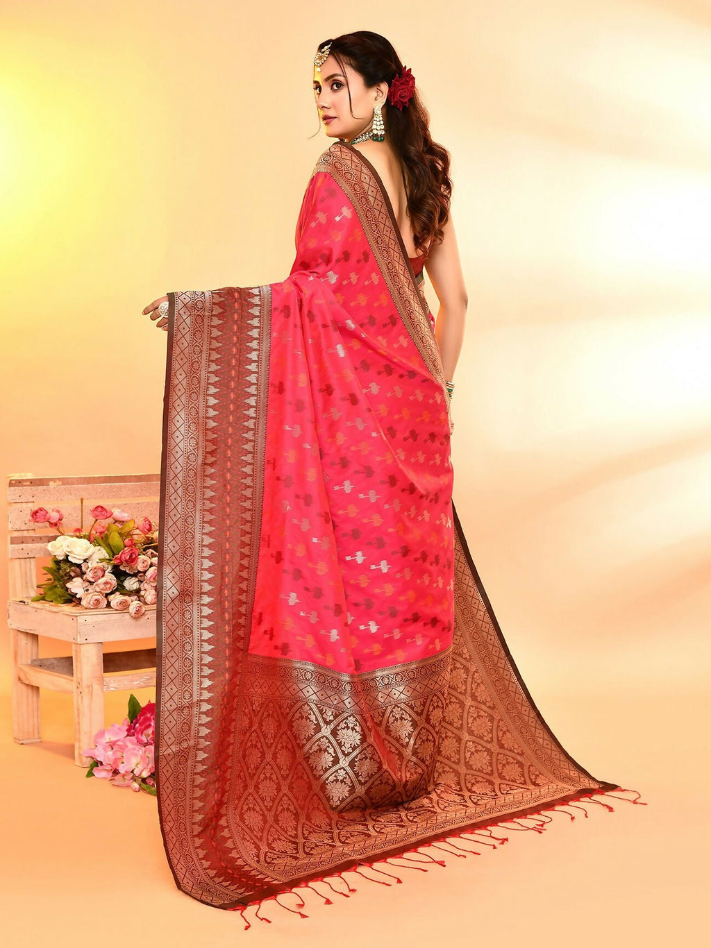 Joban Fashion Rani Pink & Bottle Green Plain With Weaving Border Banarasi Silk Sarees | Grocsy