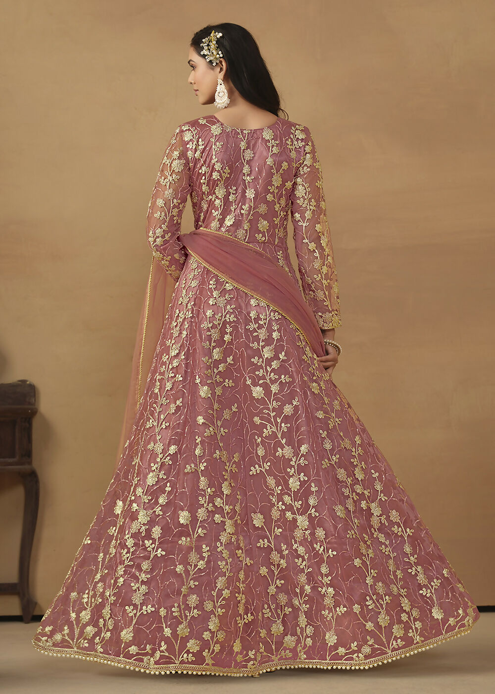 Pant Style Coral Pink Embroidered Net Wedding Anarkali Suit - Emponline | Grocsy
