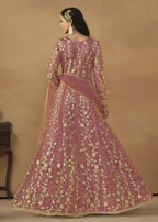Pant Style Coral Pink Embroidered Net Wedding Anarkali Suit - Emponline | Grocsy