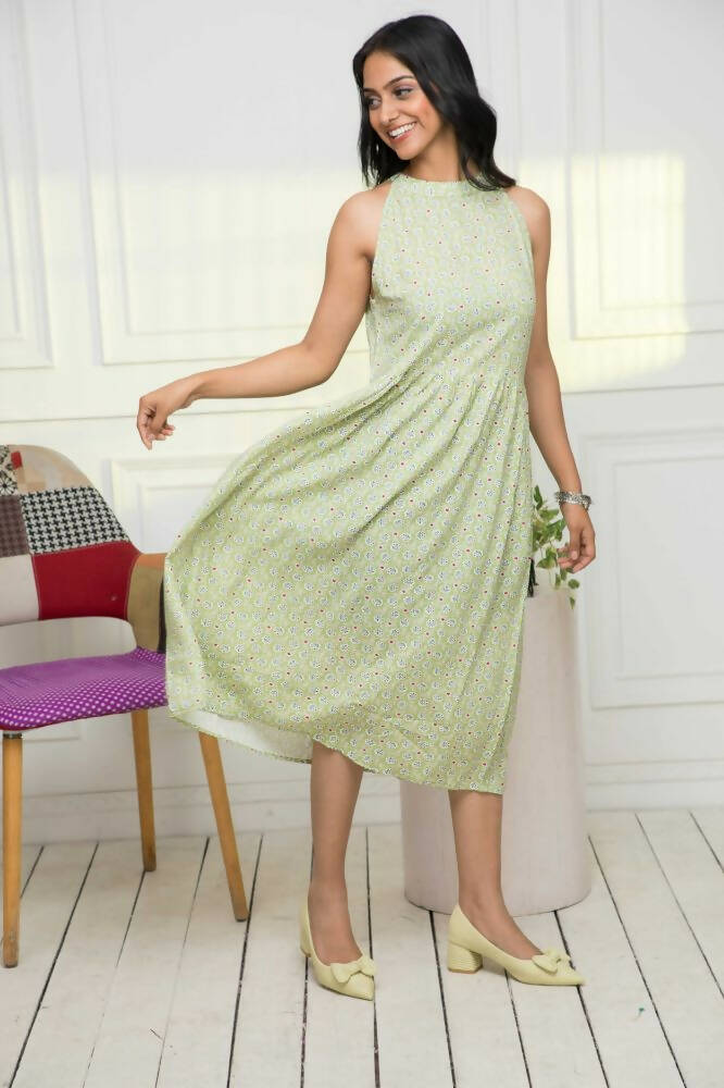 Myshka Women Ethnic Motifs Rayon A-Line Round Neck Green Dress | Grocsy
