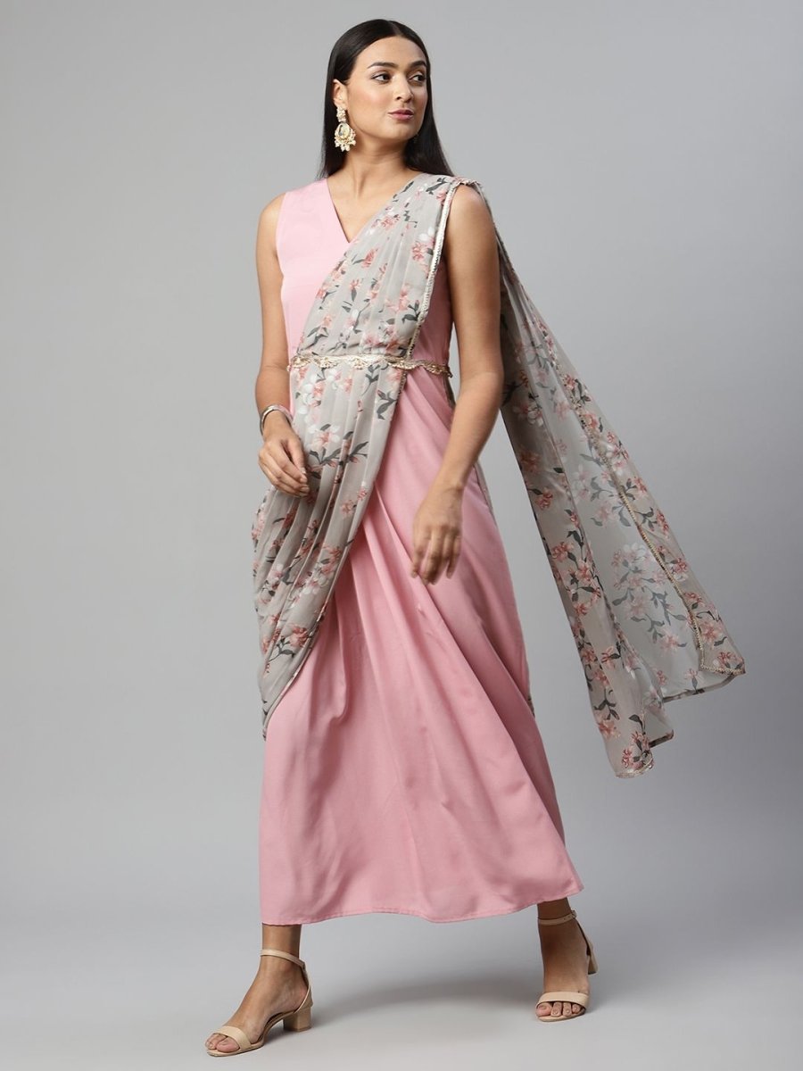 Ahalyaa Women Baby Pink Crepe Georgette Saree Dress With Printed Pallu | Grocsy