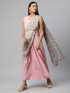 Ahalyaa Women Baby Pink Crepe Georgette Saree Dress With Printed Pallu | Grocsy