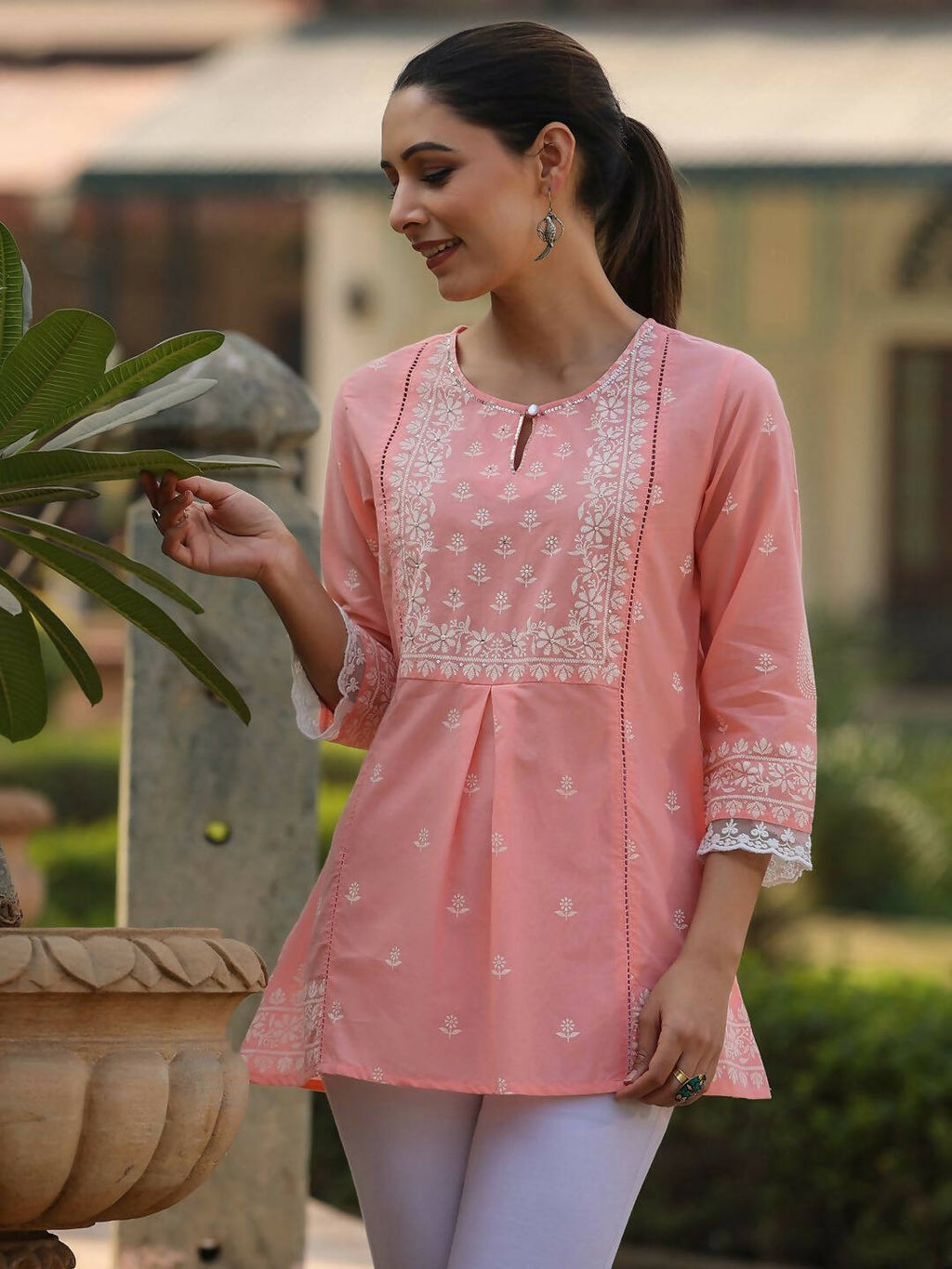 Juniper Women's Peach Cambric Floral Printed Tunic | Grocsy