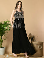 Myshka Women's Black Georgette Top With Skirt Party Sets | Grocsy
