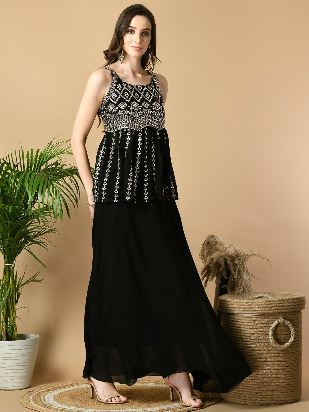 Myshka Women's Black Georgette Top With Skirt Party Sets | Grocsy