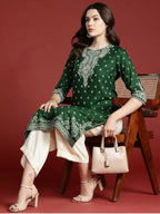 Cheera Women Stylish Hand Block Printed Cotton Blend Flared Kurta - Green | Grocsy