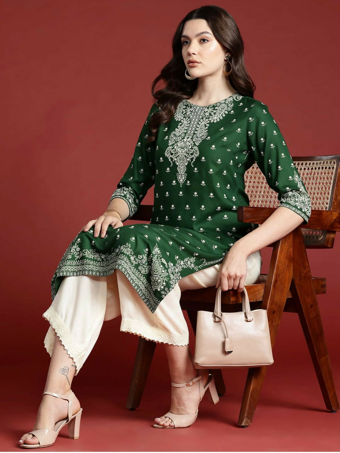 Cheera Women Stylish Hand Block Printed Cotton Blend Flared Kurta - Green | Grocsy