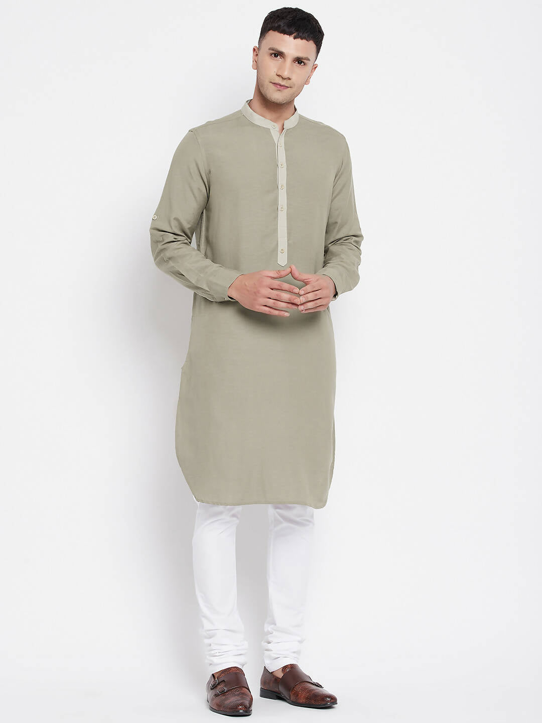 Even Apparels Green Pure Cotton Men's Kurta With Contrast Collar And Placket | Grocsy