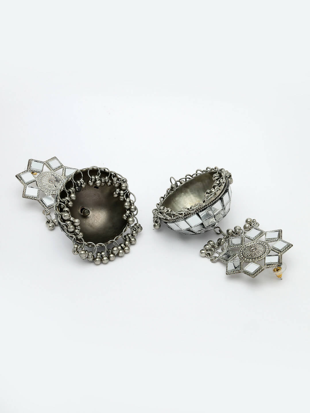 NVR Women Silver Mirror Oxidised Brass-Plated Jhumka Earrings | Grocsy