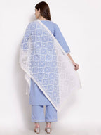 Myshka Beautiful Women's Blue Cotton 3/4 Sleeve Round Neck Solid Casual Kurta Pant Dupatta Set | Grocsy