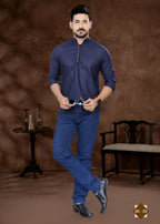 Joban Fashion Men's Pure Cotton Navy Blue Plain Short Kurta | Grocsy