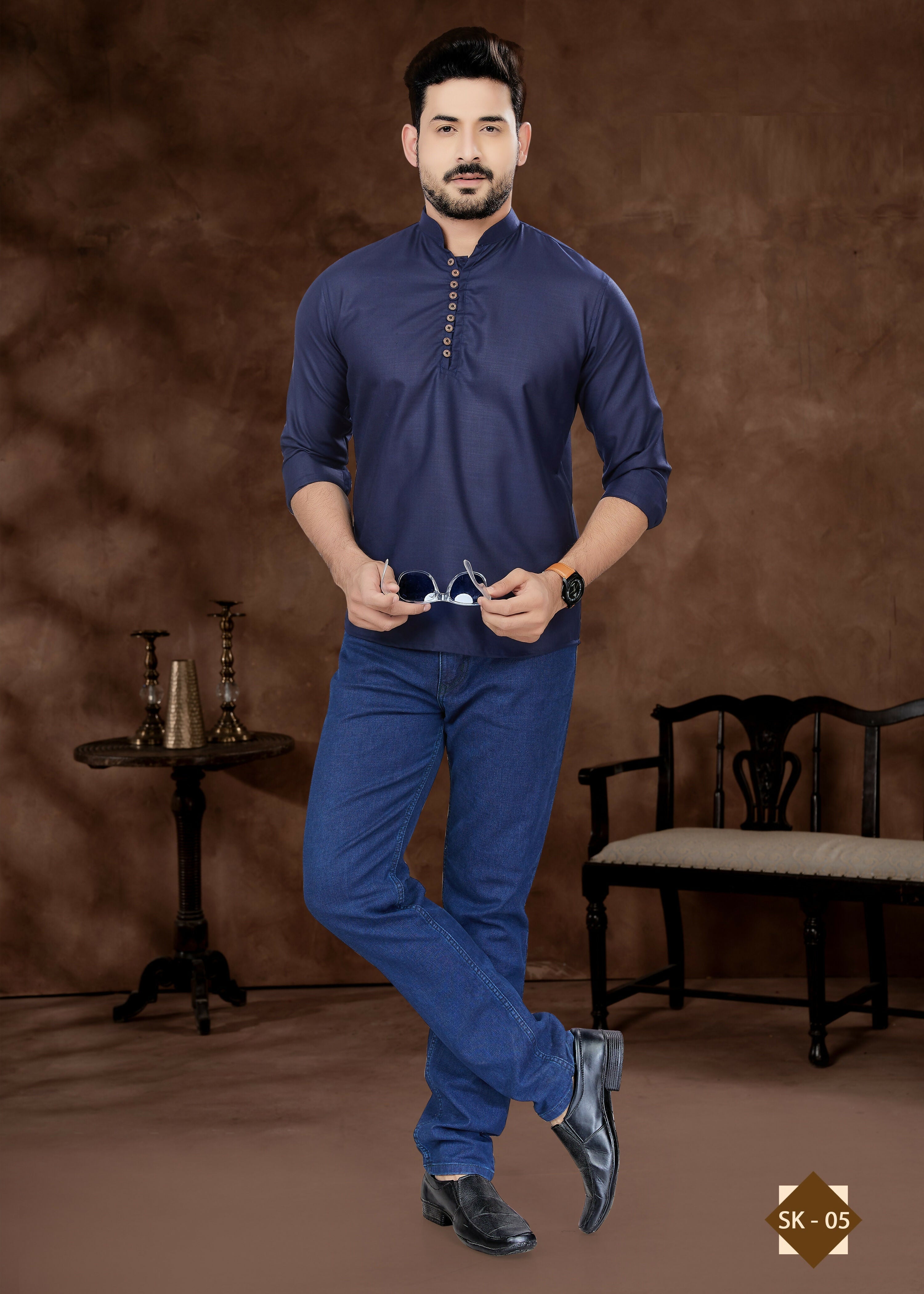 Joban Fashion Men's Pure Cotton Navy Blue Plain Short Kurta | Grocsy