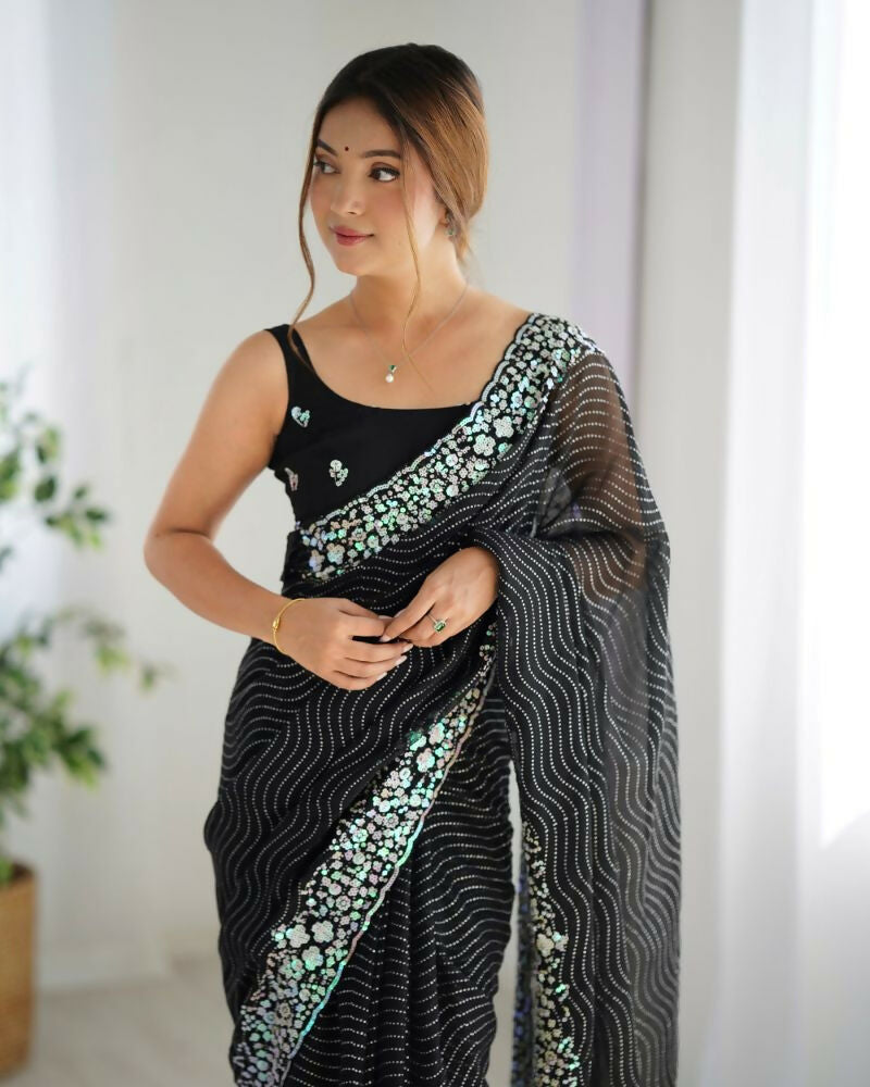 Georgette Designer Sequance Embroidery Work Party Wear Saree - Black | Grocsy