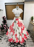 Dishitha Creation Floral Printed Stitched Lehenga & Crop Top - White & White | Grocsy