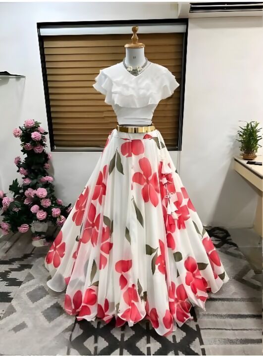 Dishitha Creation Floral Printed Stitched Lehenga & Crop Top - White & White | Grocsy